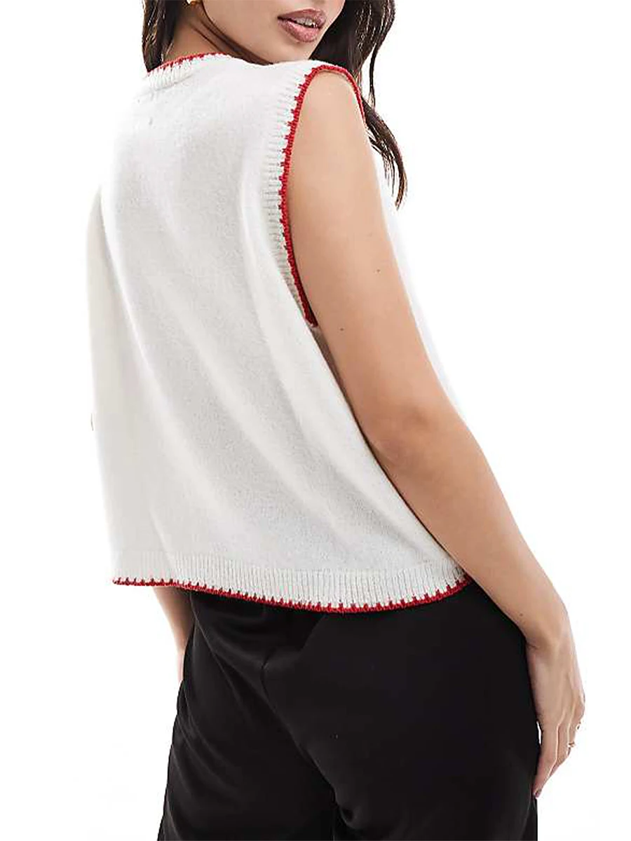 Women s Ribbed Knit Sweater Vest Cherry Lobster Contrast Color Sleeveless Crew Neck Tank Tops