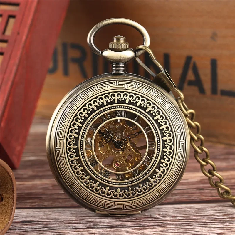 Vintage Half Hunter Unisex Hand Winding Mechanical Pocket Watch Roman Numerals Hollow Bronze Pendant Watches Clock FOB Chain