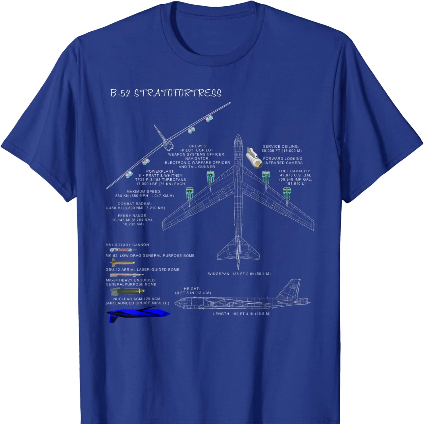 B-52 Stratofortress Strategic Bomber Specs Blueprint T Shirt. 100% Cotton Short Sleeve O-Neck Casual T-shirts New Size S-3XL