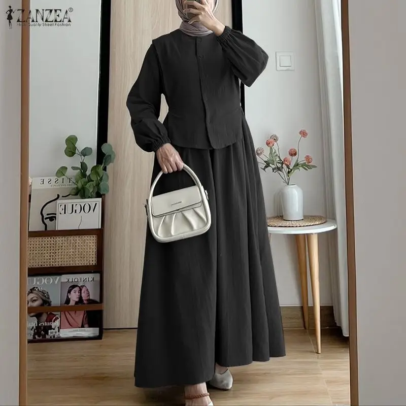 

2026 ZANZEA Мусульманские платья-хиджабы Абайя для женщин, повседневные, с круглым вырезом, длинным рукавом, плиссированные сарафаны, платье-роба на Ид Мубарак, однотонное, с пэчворком, Vestido