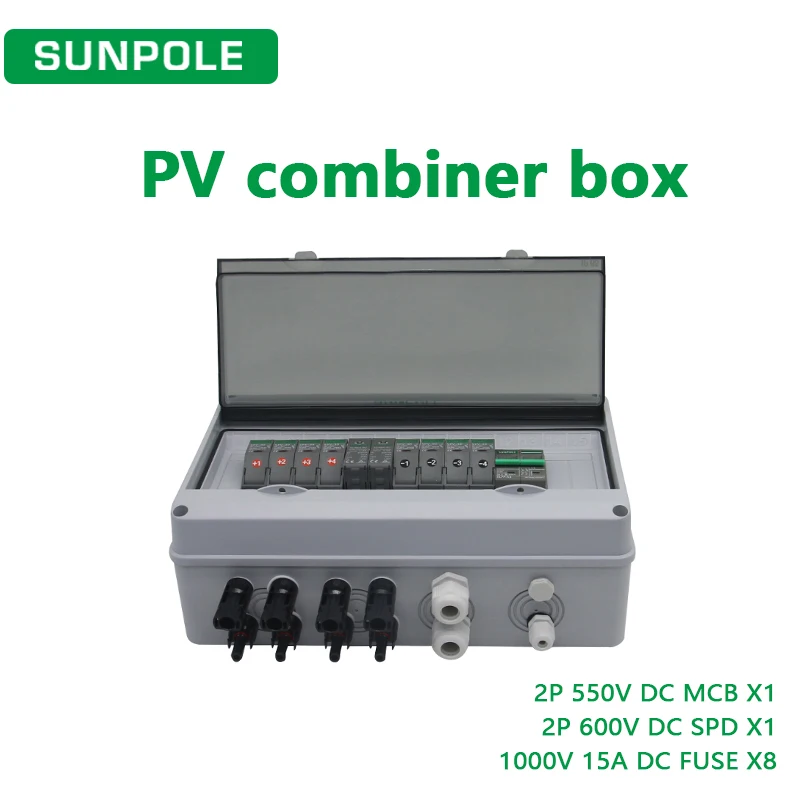 PV Combiner Box 4 input 1 output DC550V Solar photovoltaic With Lightning Protection Fuse SPD MCB Waterproof Box IP65 15ways