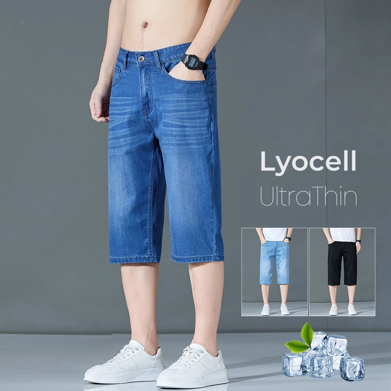 

Men's Business Casual Denim Shorts Summer Ultra Thin Lyocell Breathable Fashion Calf-Length Pants Loose Elastic Short Jeans
