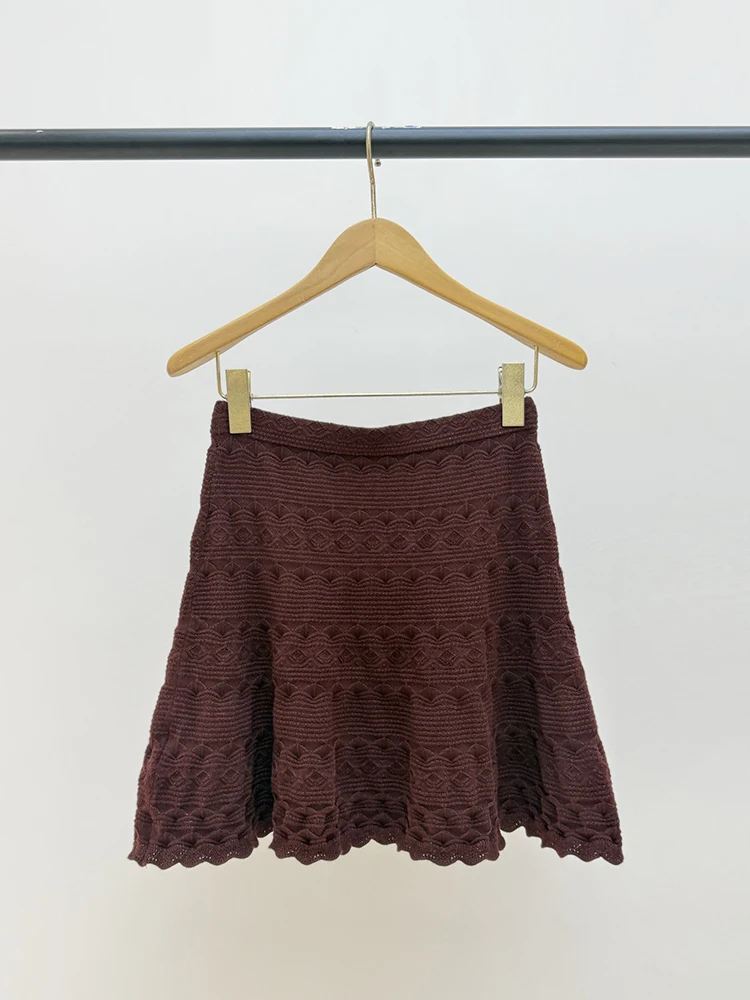 Summer Fashion Dark Brown Sexy Knitting Short Skirt Women's Middle Waist Slim Buttock Covering A-Line Flounces Hem Skirt