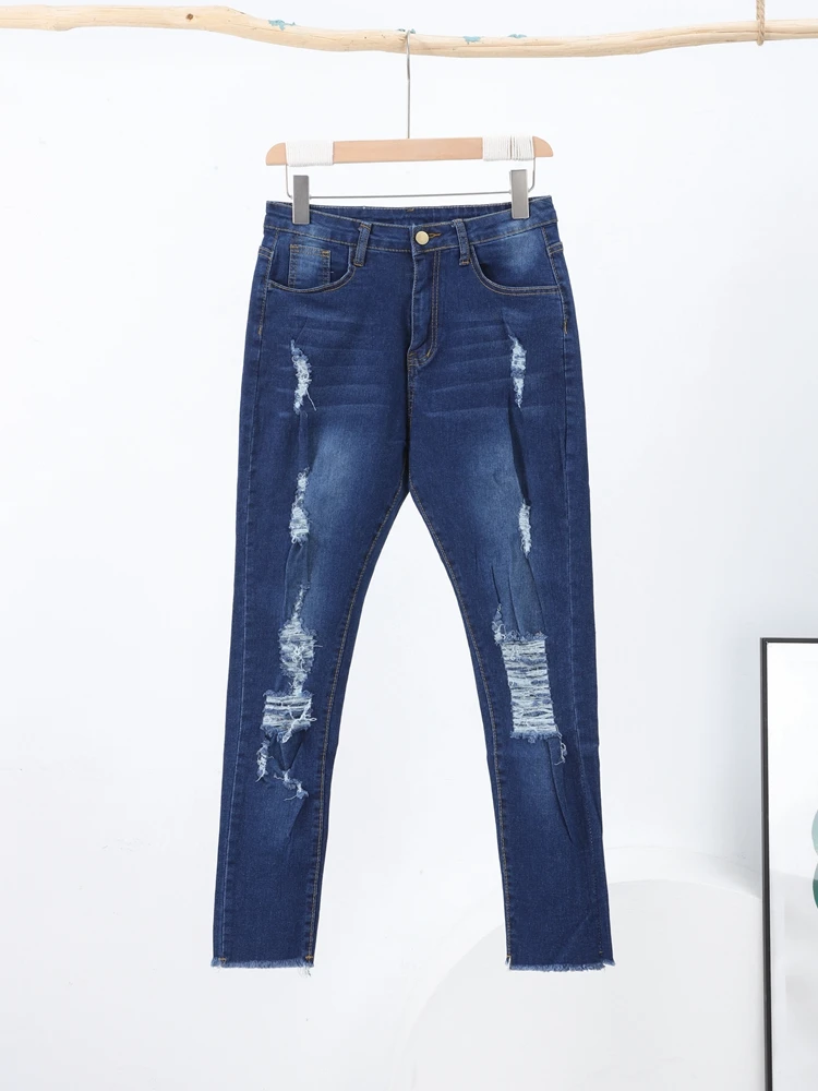 عادية الدينيم ضيق ممزق الجينز بانت المرأة خمر عالية الخصر مطاطا السراويل الطويلة سيدة الخريف موضة الشارع بنطلون التخليص