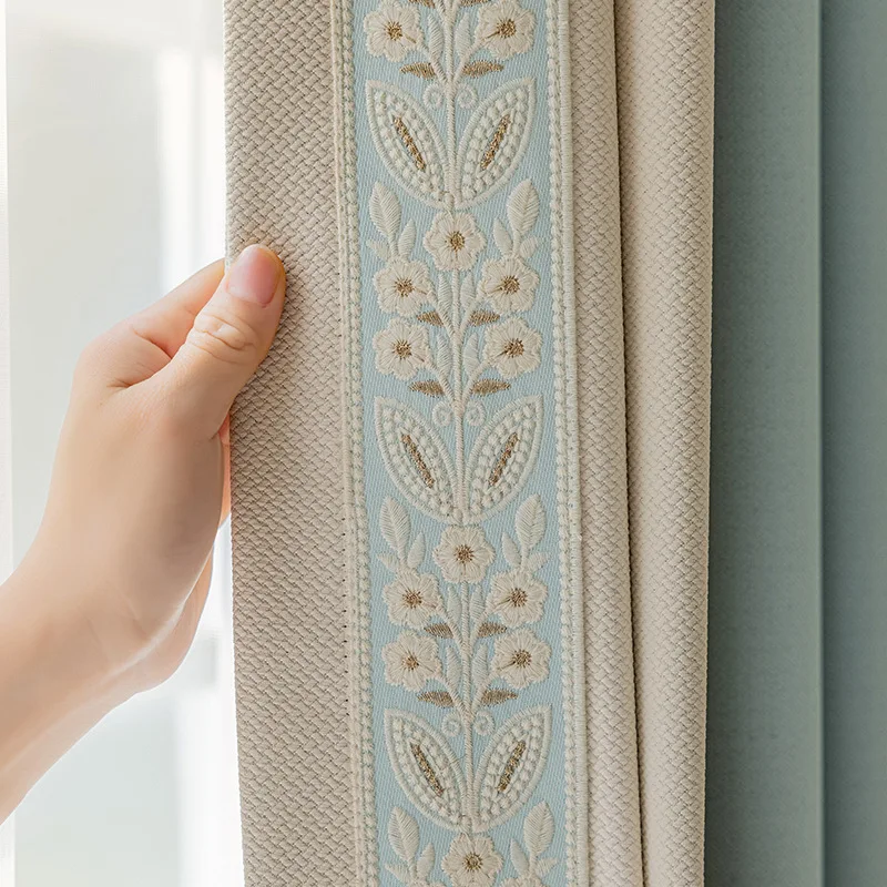 French Curtains for Living Dining Room Bedroom Cream Wind Blue Window Stitching Fabric Thickened Study Curtain Customization