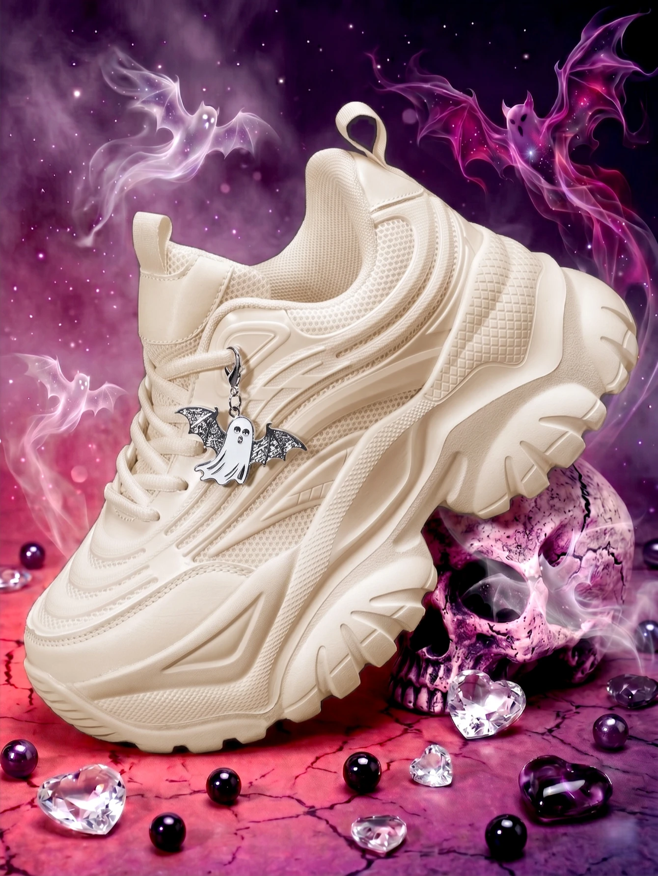 Zapatillas Vulcanizadas de Mujer Estilo Y2K 2026, Suela Gruesa de 7CM que Aumenta la Altura, Versátiles Zapatillas Casuales Beige, Diseño de Parches Tridimensionales con Parte Superior de Malla Transpirable y Ligera, Combinadas con Dijes Metálicos Plateados Desmontables, Suela Antideslizante de EVA con Diseño Ondulado para Absorción de Impactos y Comodidad, Calzado de Moda para Todas las Temporadas