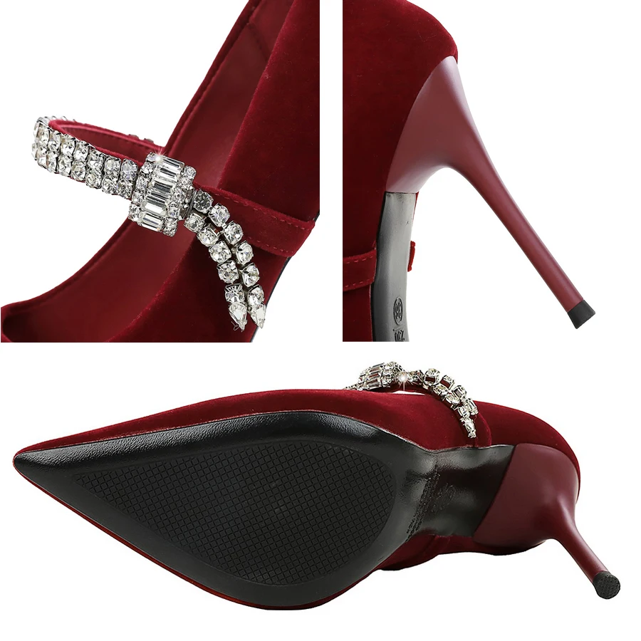 جديد فاخر النساء مضخات حجر الراين تصميم عالية الكعب أحذية السيدات الجلد المدبوغ الإناث الكعوب 10 سنتيمتر خنجر مضخات أحذية مأدبة الموضة