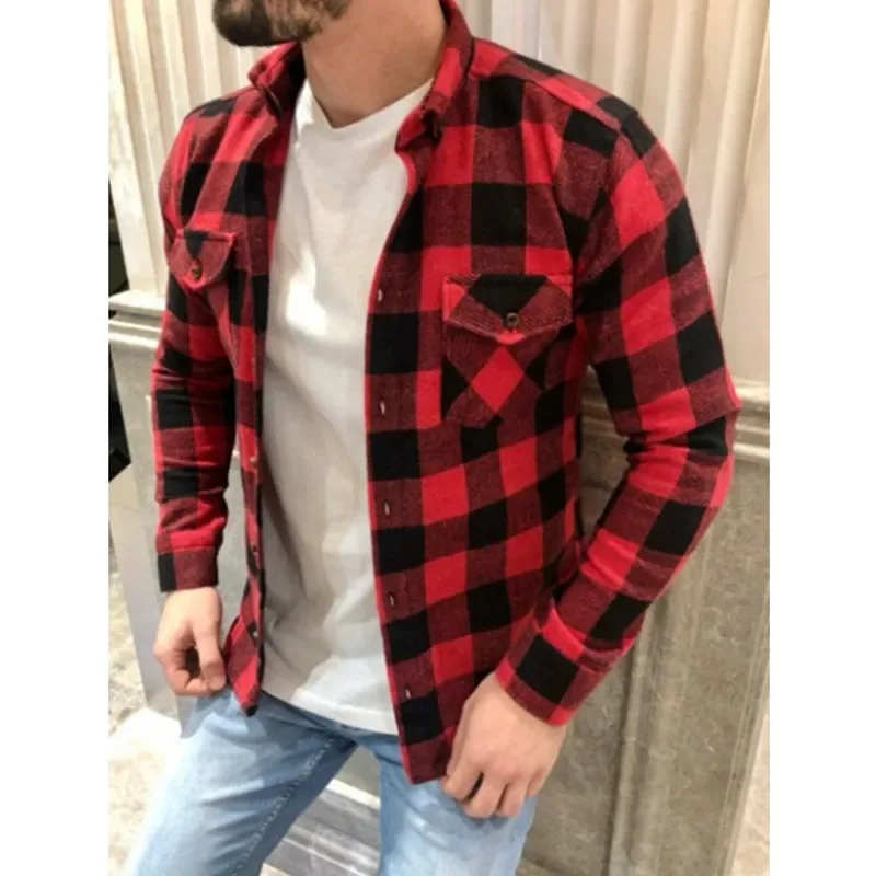 

2024 Autumn Casual Plaid Flannel Shirt Men Long-Sleeved Chest Two Pocket Design Fashion Printed-Turn-down Collar Button Shirt