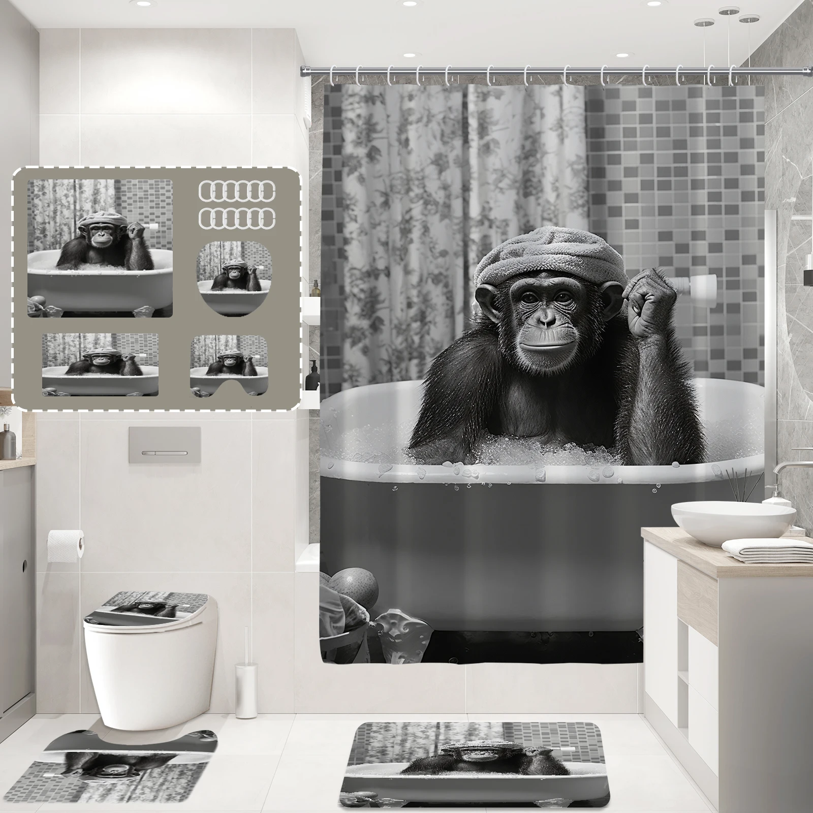 Gorilla print shower curtain polyester minimalist home décor bathroom curtain with hook