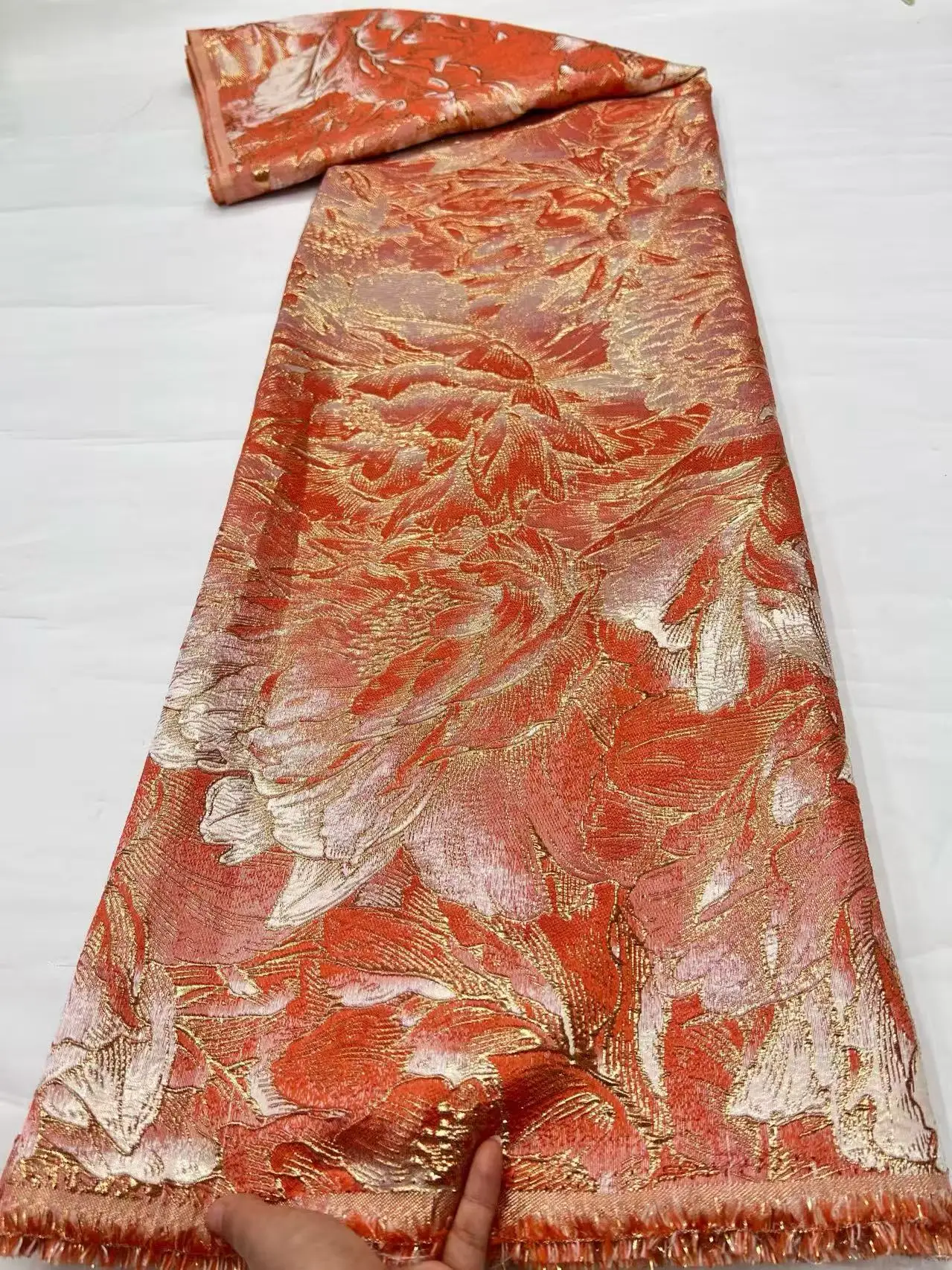 5Yard Orange African Floral Jacquard Brocade Fabric Gilding Lace Material Organza Tulle Mesh French Net for Crafts And Sewing