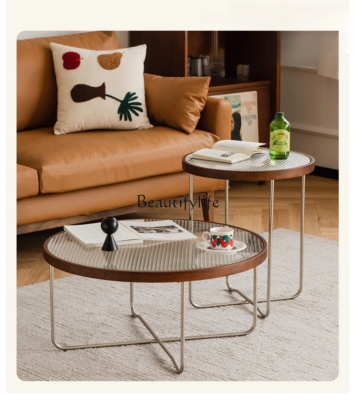 

3Nordic Glass Coffee Table Set Small Apartment Solid Wood Simple Round Square Living Room