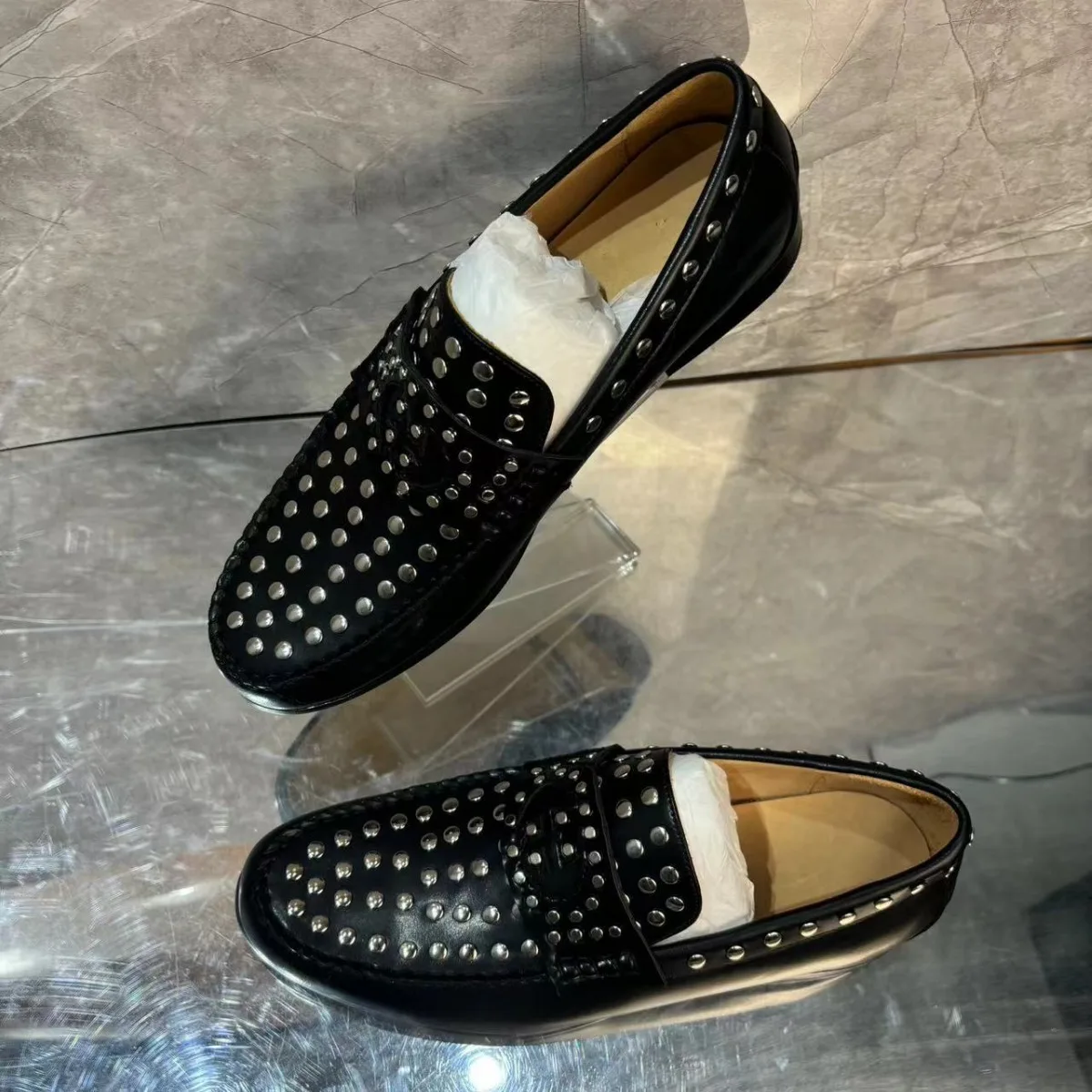 Men Fashion Silver Rivet Black Genuine Leather Single Shoes Round Toe Slip On Male Spring Autumn Anti Slip Single Shoes