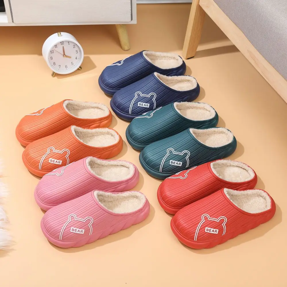 Unisex Autumn Winter Cartoon Warm Slippers Soft Waterproof PVC Plush Slippers Female Clogs Couples Home Indoor Fuzzy Shoes