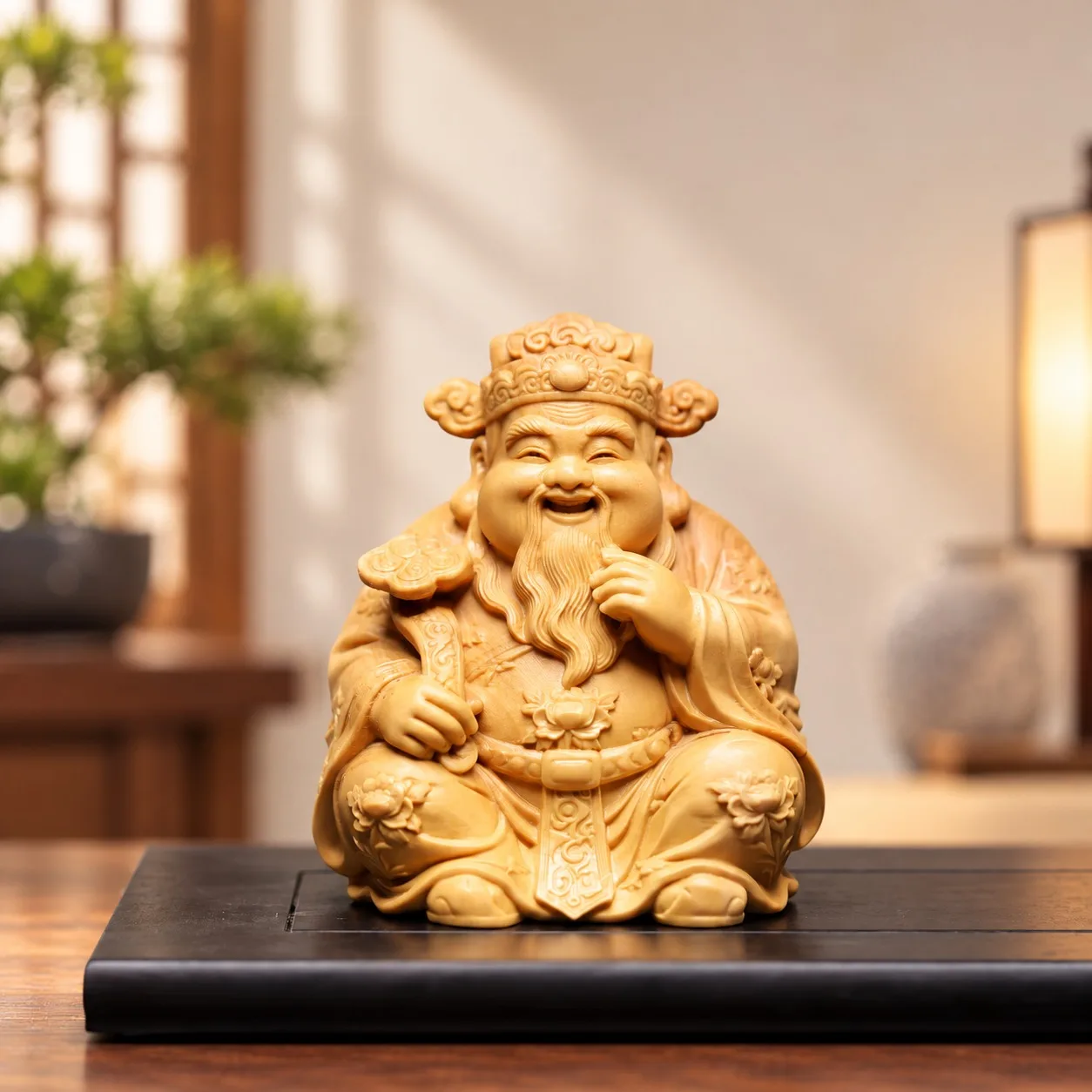 Wood Carved Chinese God of Wealth Figurine Feng Shui Traditional Cute Chibi Lucky Home Office Desk Tabletop Car Decor Gift