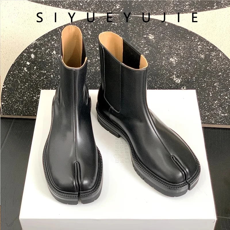 new Split Toe High Top Tabi Boots Men's Leather Cowhide Chelsea Boots Spring and Autumn Black Ankle Boots Leather Single Boots