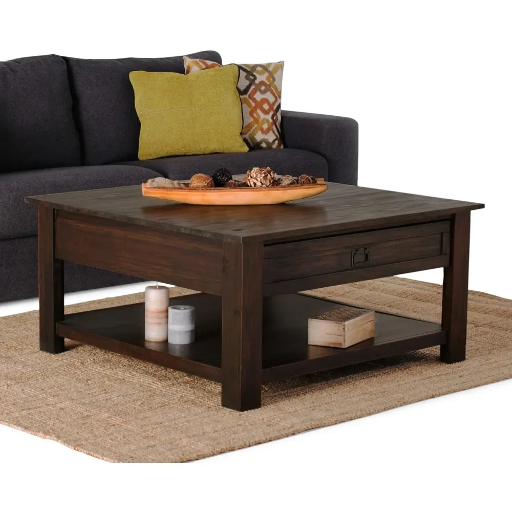 SOLID WOOD 38 Inch Wide Square Rustic Coffee Table in Distressed Charcoal Brown For the Living Room and Family Room Furniture