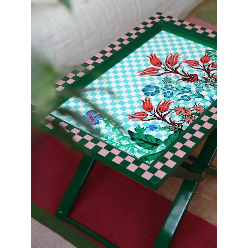 Flower painting coffee table side table, French light retro birch foldable square