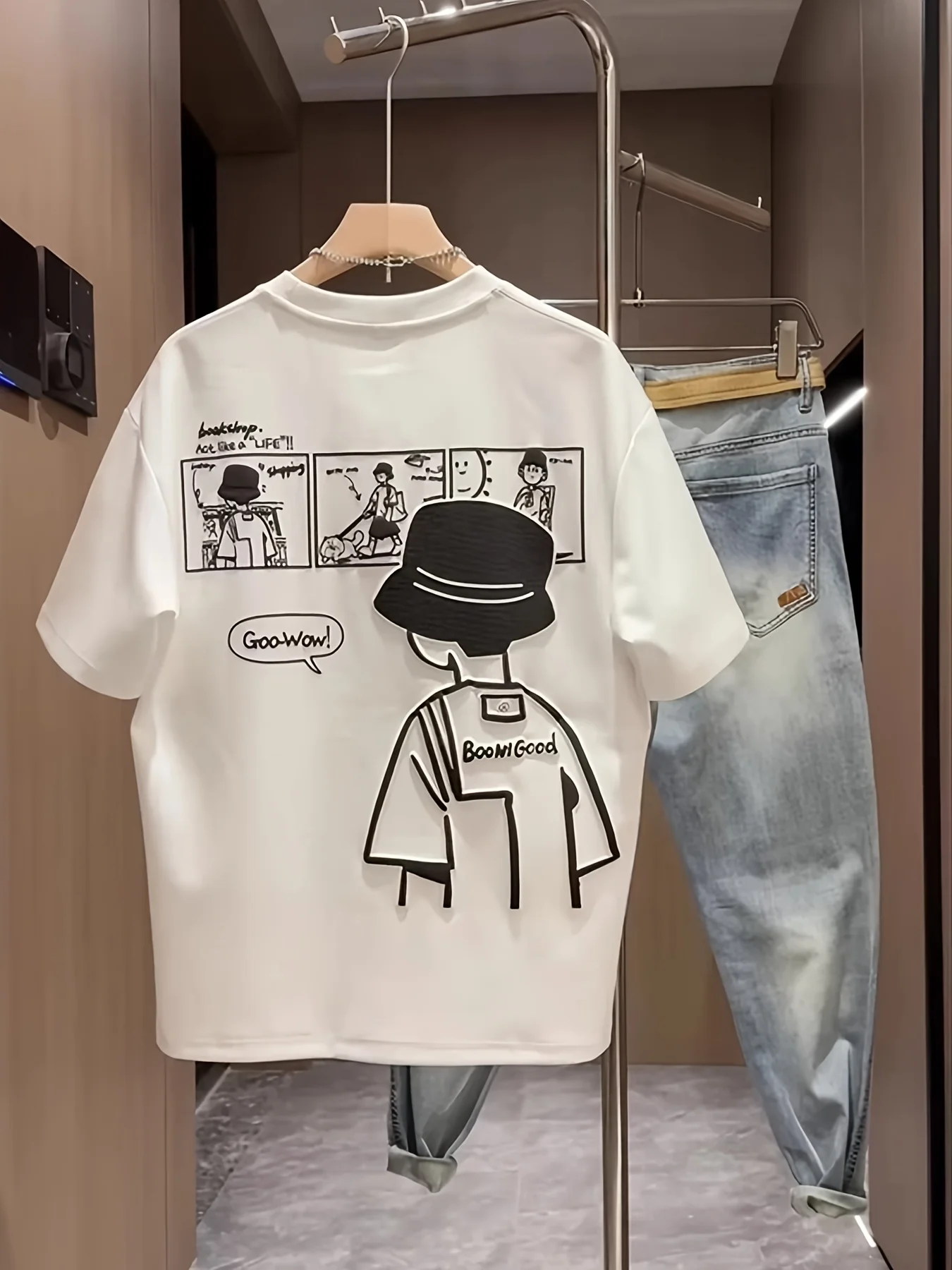 2026 Summer Men'S  Cotton T-Shirt Casual Short-SleeveRound Neck Retro Comic Style Versatile for Loose Y2K Harajuku Shirt