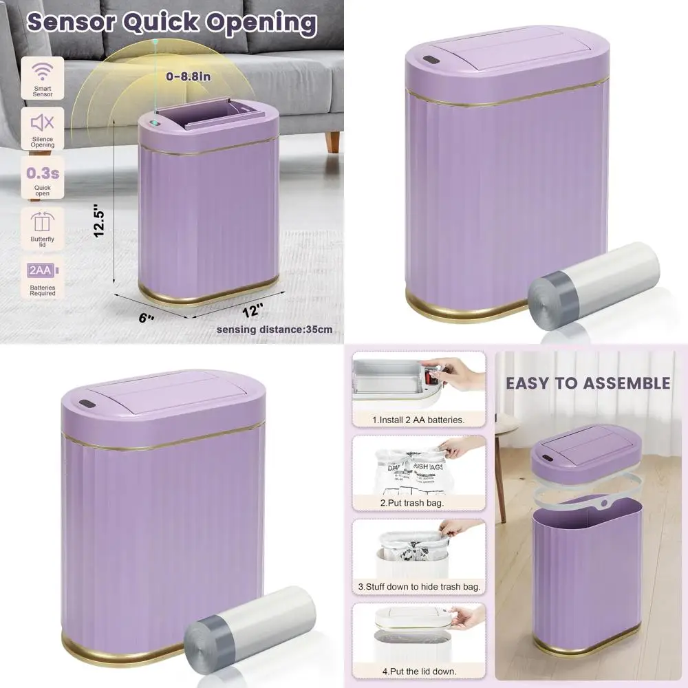 

Automatic Butterfly-Themed Motion Sensor Trash Bin with Lid for Bathroom, Kitchen, Living Room, and Office in Purple Gold