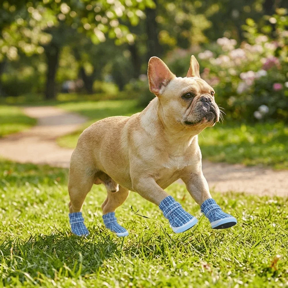4Pcs Comfortable Canvas Fabric Dog Shoes Blue Light Weight Dog Canvas Shoes Flexible Breathable Pet Booties Daily Walking