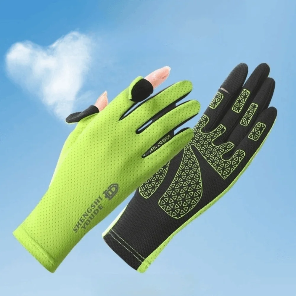 Thin Sunscreen Cycling Gloves Large Size Slip Resistant Anti-UV Ice Silk Driving Gloves Two-Finger Exposed Nylon