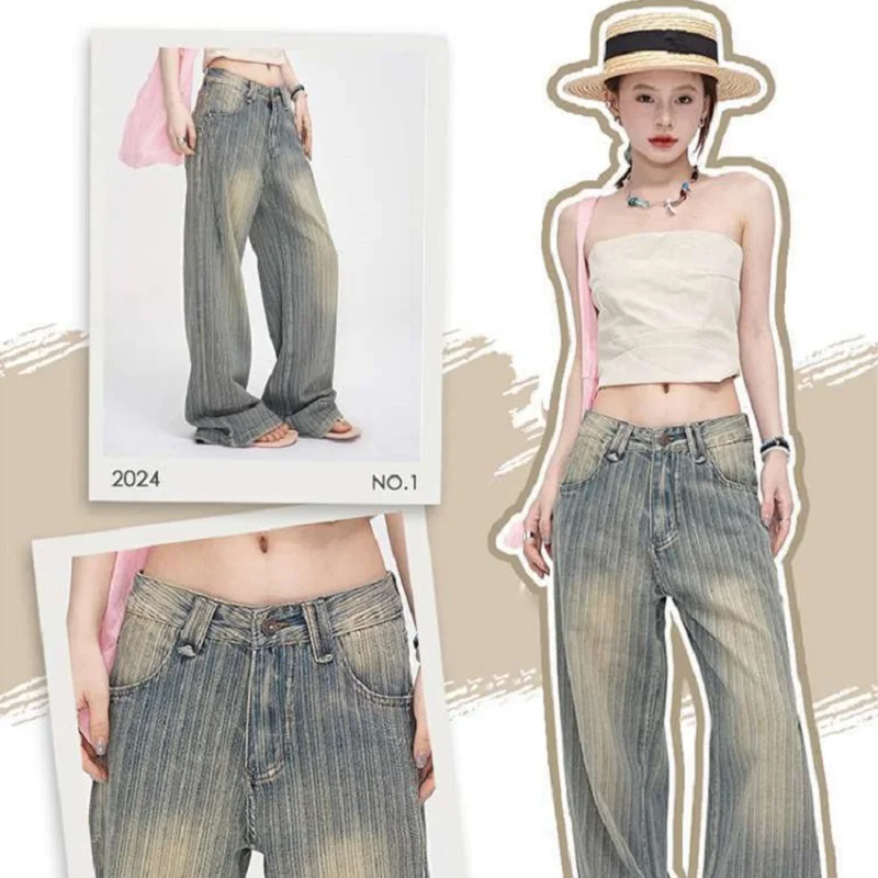 Personality Casual American Retro Light Color Do Old Low Waist Straight Stripe Jeans Y2k Original Micro Straight Leg Mops Pants