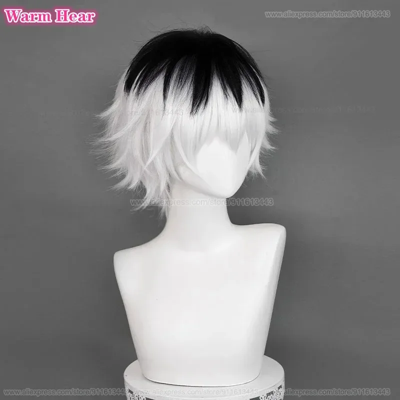 2024 사사키 하이세 합성 가발 애니메이션 숏 30cm 유니섹스 블랙 화이트 믹스 코스프레 가발 내열 헤어 파티 가발 + 가발 캡
