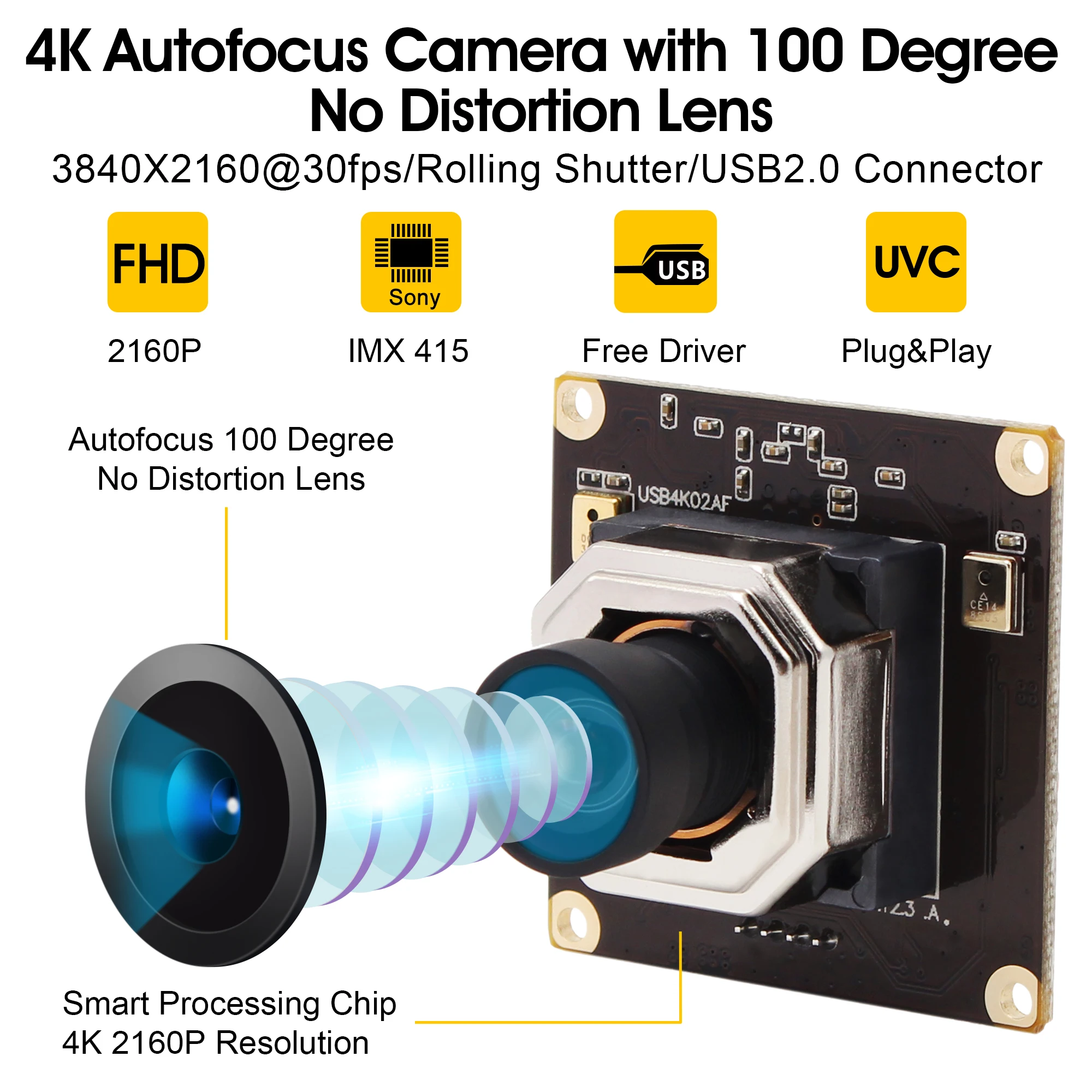 4K Webcam IMX415 UHD 2160P 30fps Video AF Autofocus USB Camera Module Embedded with Microphone for Face ID Document Scanning