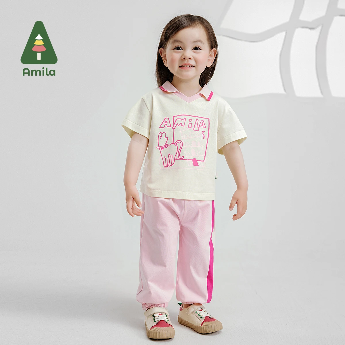 Amila 2024 Summer New Clothes for Baby Boys and Girls in Contrasting Color Lapel Cartoon Top and Bottom T-shirt + Pants Group