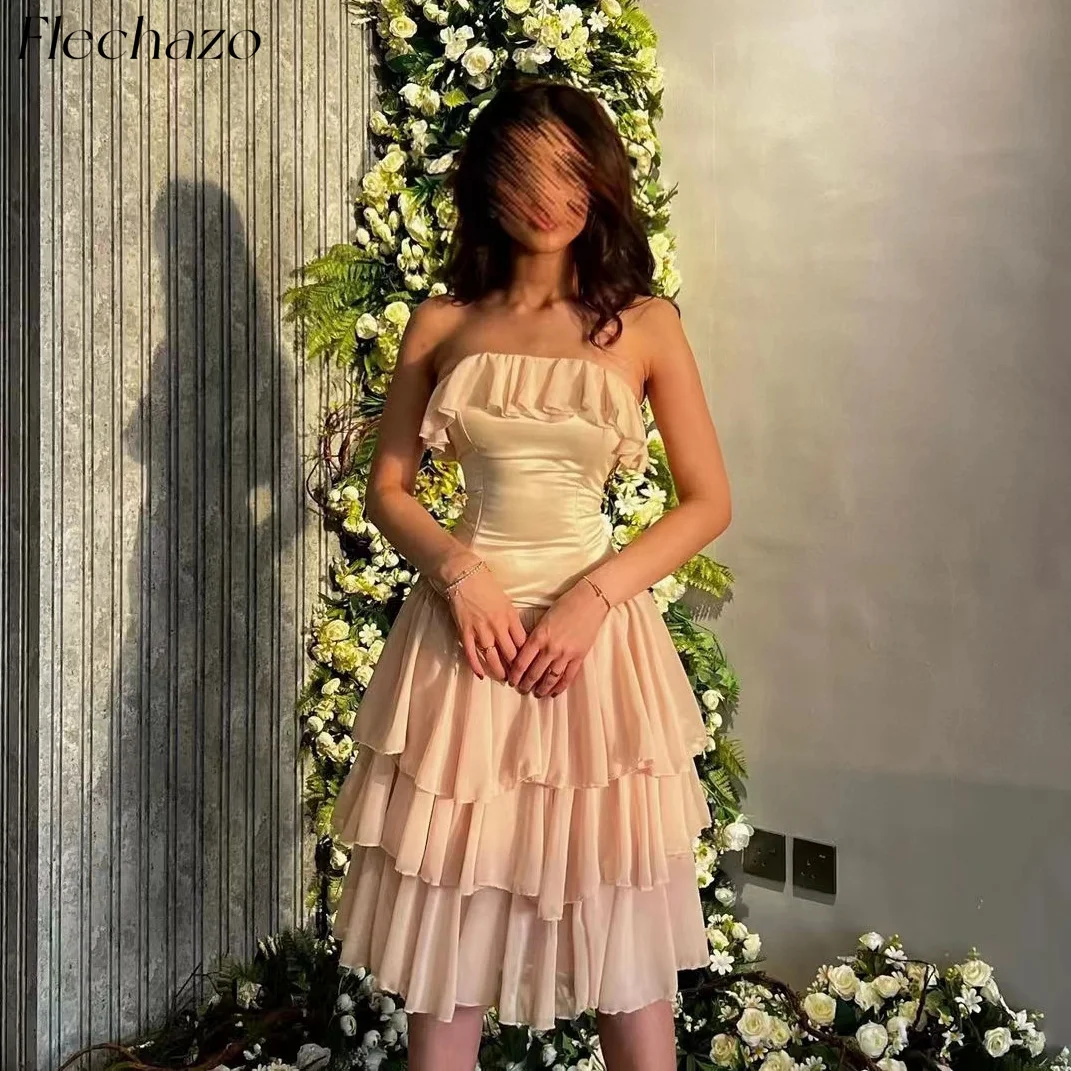 Flechazo Short Evening Dresses Strapless Ruffles Knee-Length A-Line Simple Party Dress For Women 2024 vestidos para mujer