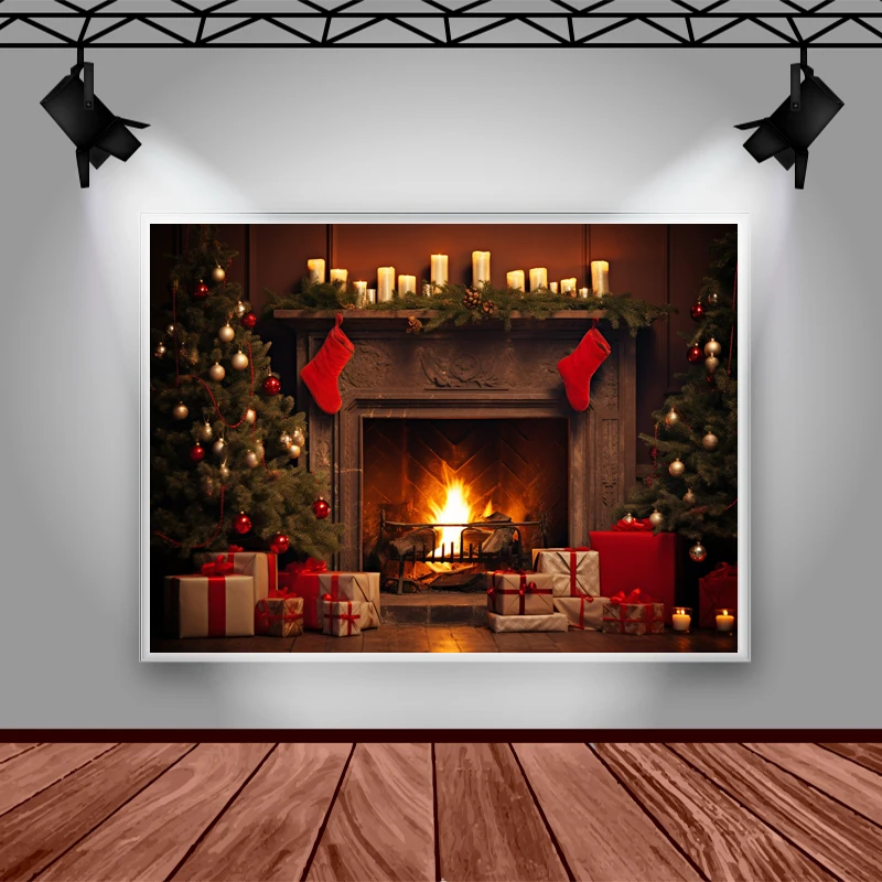 Mocsicka Kerst Open haard Fotografie Achtergrond Kerstboom Cadeau Decoratie Kinderen Verjaardag Portret Achtergrond Fotostudio Props