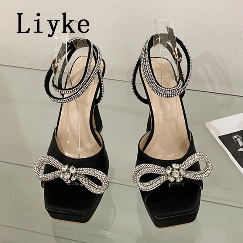 Liyke Super High Sexy Sandals Ladies 2024 Summer Open Toe Crystal Bowknot Platform Heels Party Wedding Shoes Women Black White