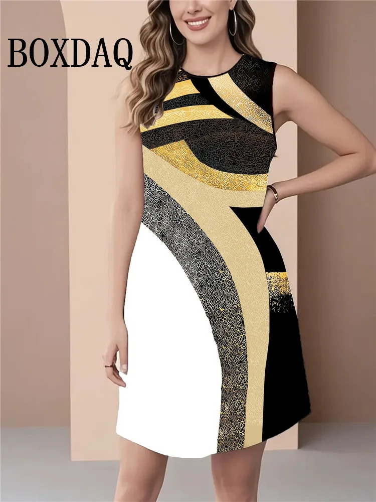 Abito con stampa geometrica della linea di moda Abito corto ampio senza maniche da donna Vestito estivo casual Pullover con o-collo Abito estivo con gilet femminile