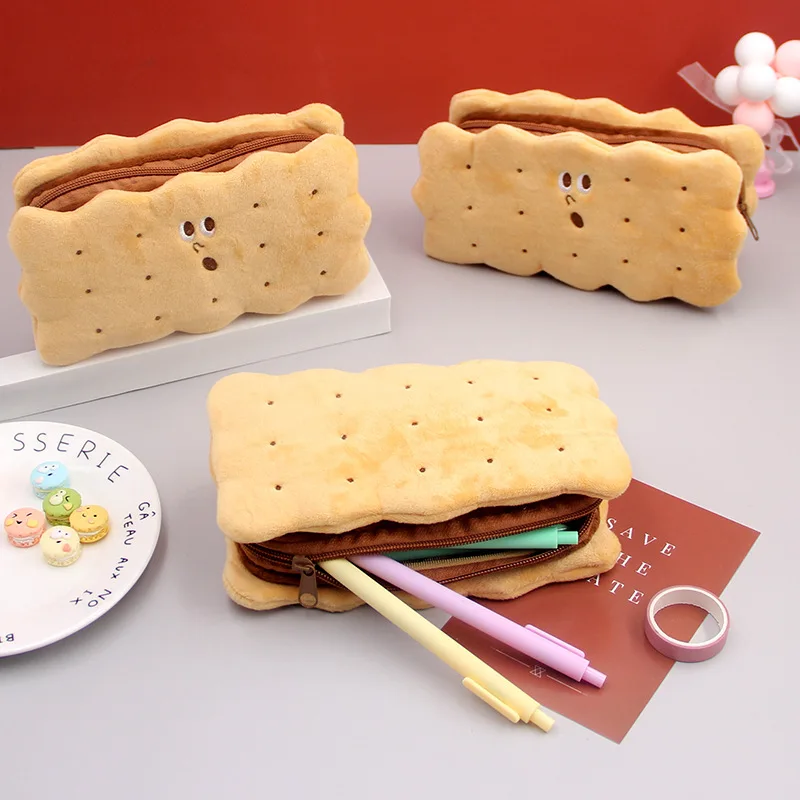 Pencil Box Kawaii Biscuit Shape Plush Cookies Pencil Bag Large-capacity Cute Cookies Pencilcase School Supplies Stationery