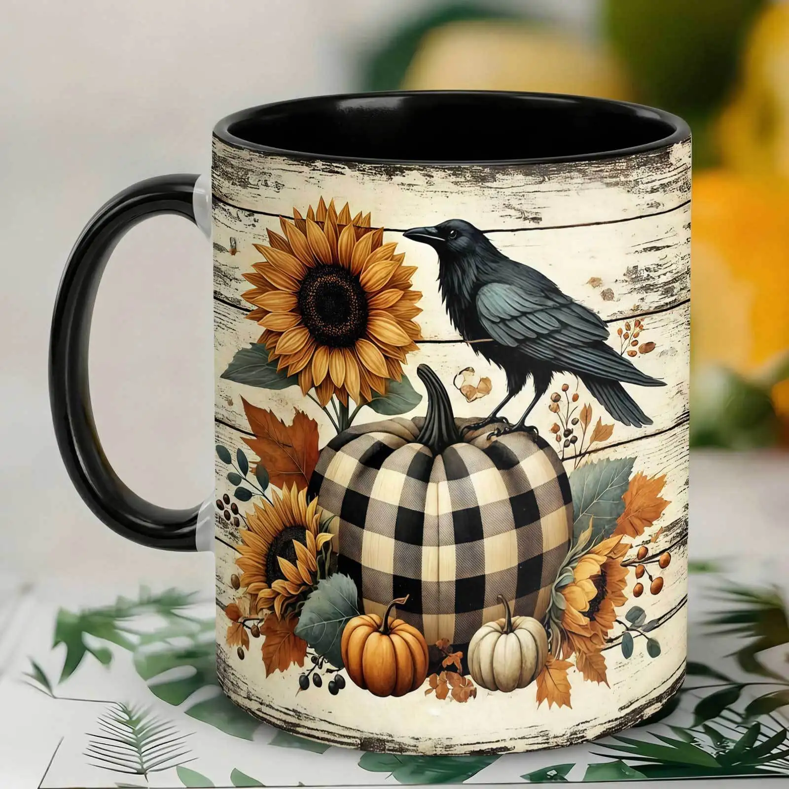 1pc, Crow Sunflower Pumpkin, 11 Oz Colored Ceramic Mug, Buffalo Plaid Print Design, Suitable for Office And Kitchen, Halloween Gift, Tumbler, Local Warehouse, Gifts for Men And Women, Friends