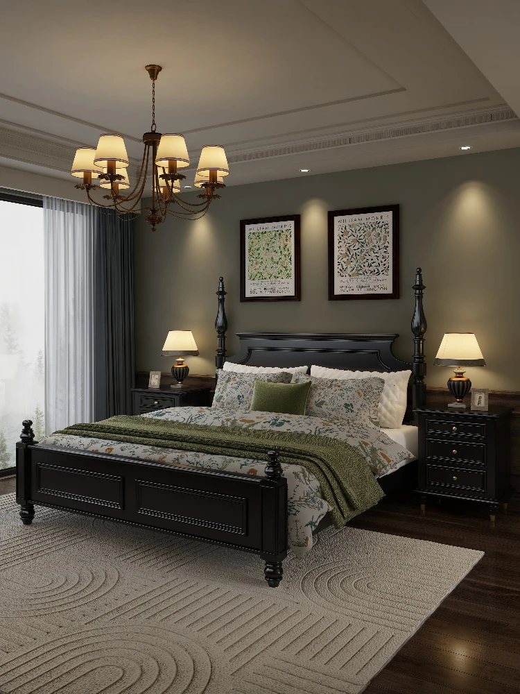 

American retro solid wood bed 1.8 meters furniture black retro double bed