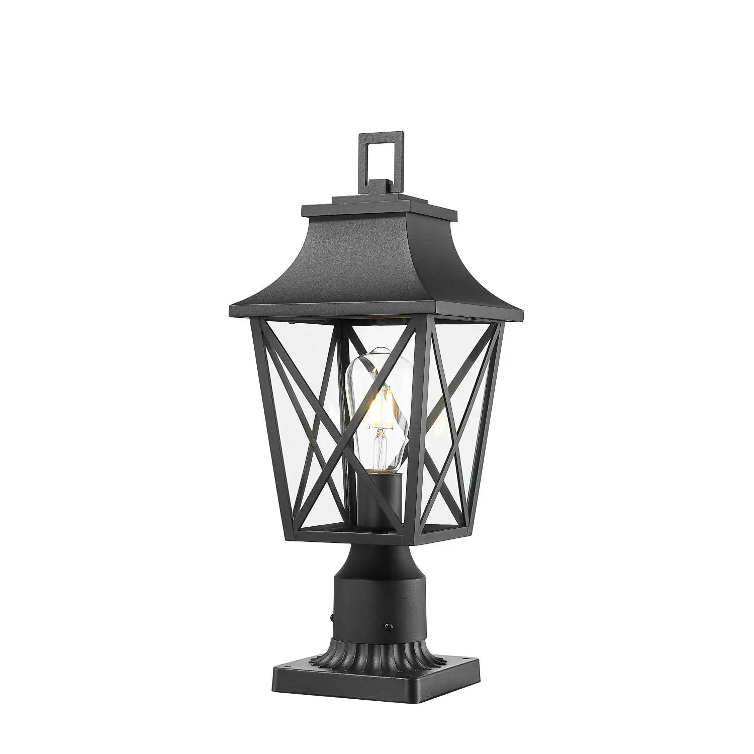 Outdoor Post Light Fixture, Black Pole Lantern with Pier Mount Base, Hard-Wired Lighting for Garden, Yard, and Patio - Glass Ext