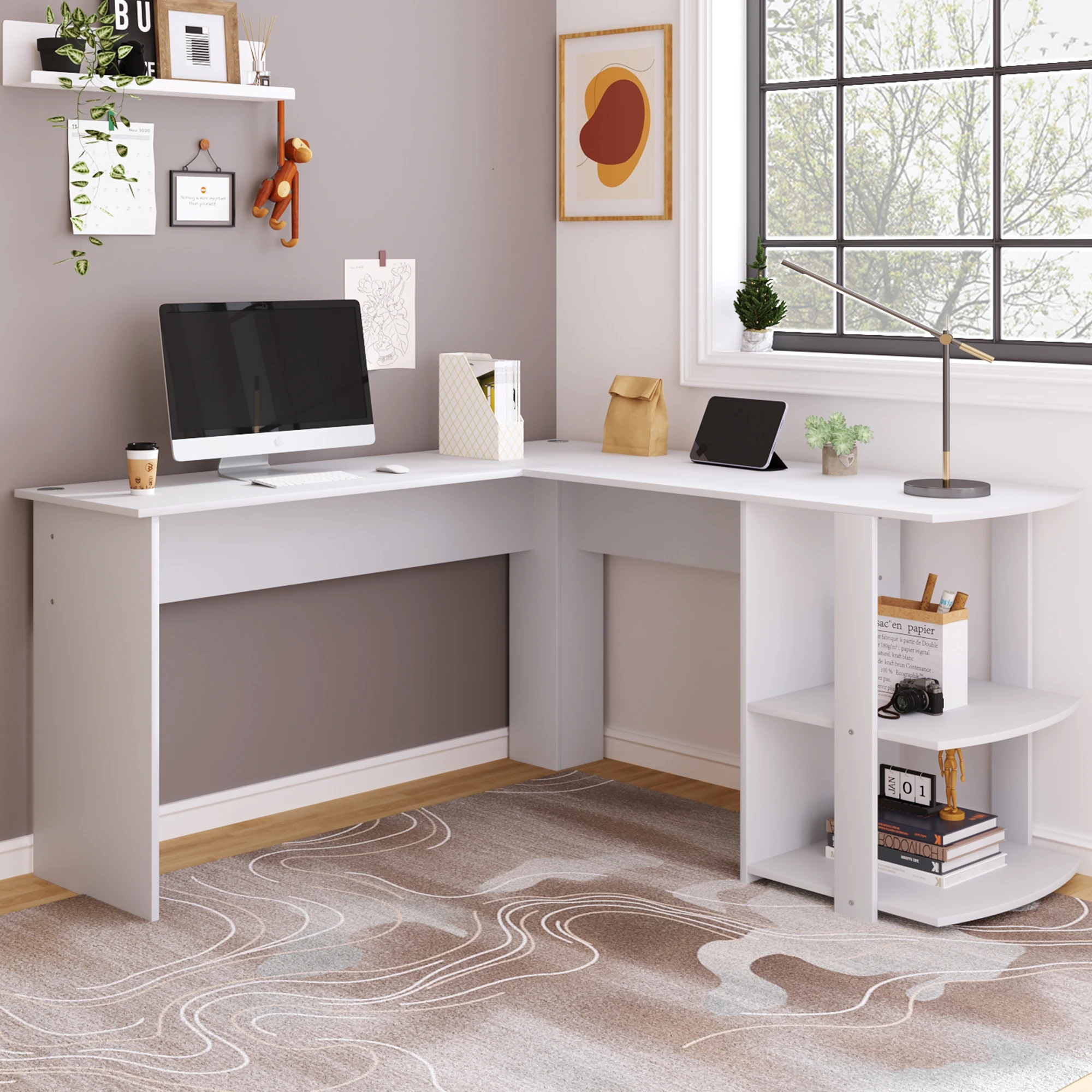 VSOGA corner desk, 140 cm computer table, L-shaped desk with 2 shelves, H75/B140/L140 cm, White