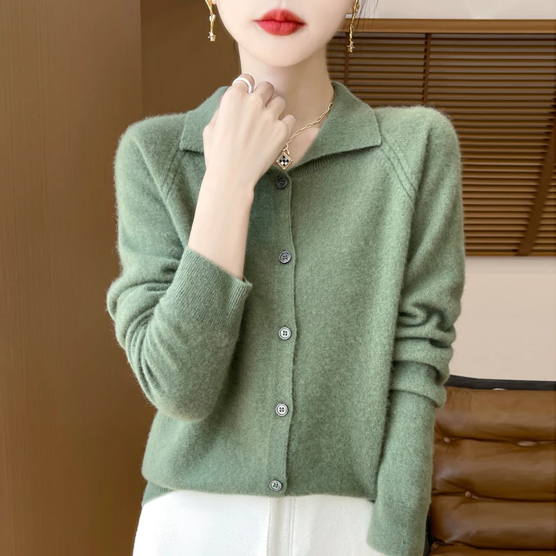 New 100% Wool Cardigan Sweater Women Turn-down Collar Long Sleeve Top Solid Color Autumn Winter Female Knit Casual Warm Jacket