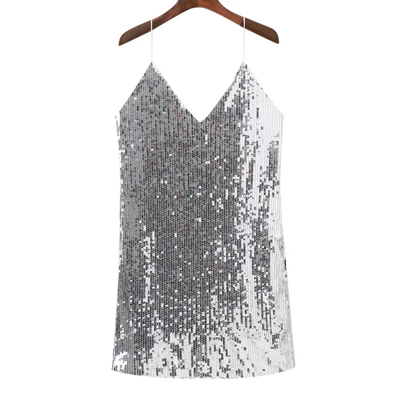 Mini robe à paillettes argentées pour femmes, col en V profond, robe dos nu sexy, robe courte à bretelles, robe de club de fête de Noël, robe éducative