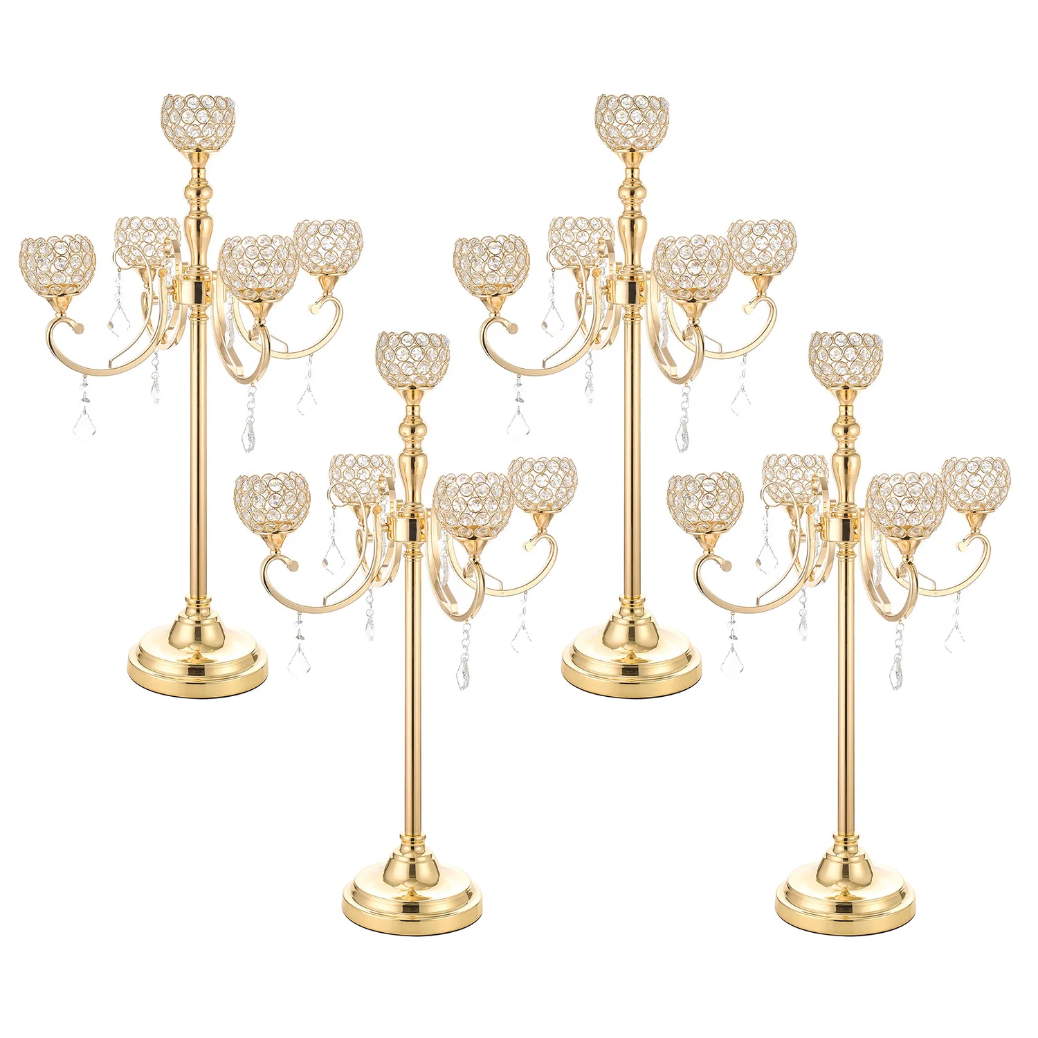 4Sets 5 Arms Gold Candelabra Candle Holder for Wedding Centerpieces,Metal Crystal Candlestick Holders with Beaded Globe