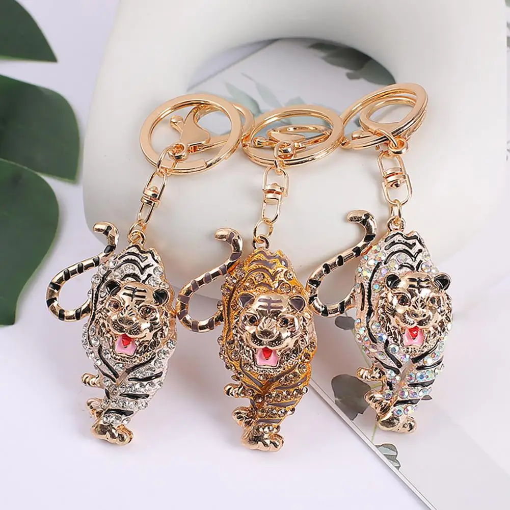 Tiger Pendant Keyring Sparkling Rhinestones Tiger Shape Charm Key Chain Strong Lobster Clasp Multi-Functional Key Holder