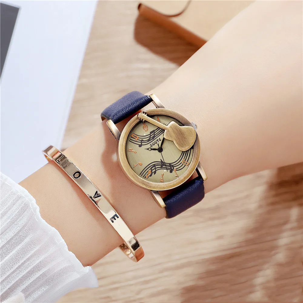 Vintage Note Guitar Design Women's Quartz Watch 2024 Hot Selling Casual Fashion Brown Leather Strap Ladies Dress Clock Watches