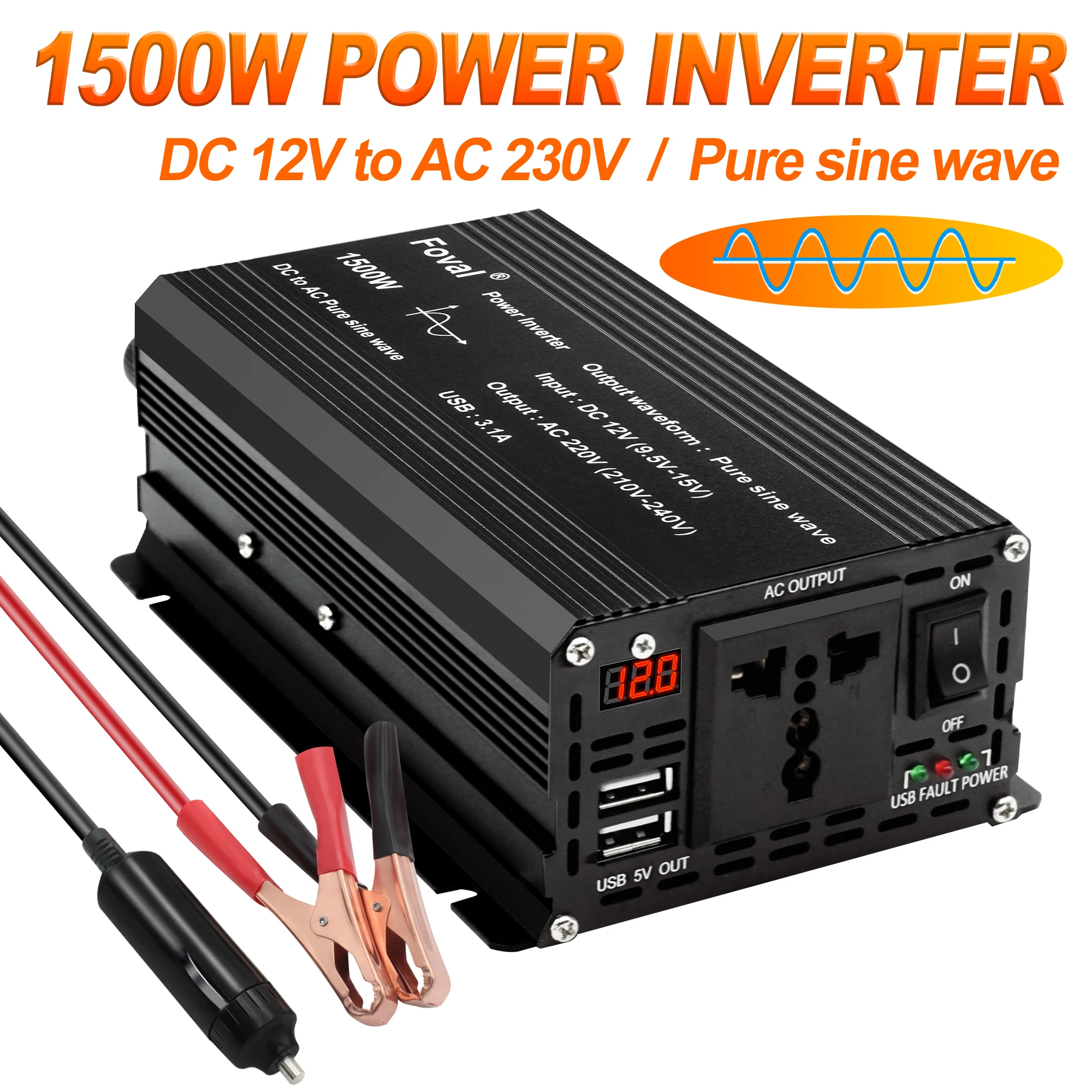 Convertidor de onda sinusoidal pura de 1000W y 1500W para coche, transformador Solar portátil de cc 12V a CA 220V con carga USB, enchufe de la UE