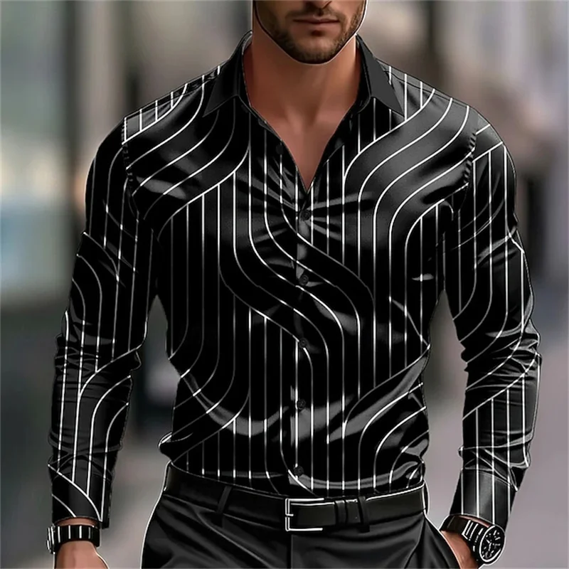 Men's Geometric Pattern Wave Abstract Art Shirt, Business Casual Vacation Long Sleeve Collar Button-Up Shirt, Black