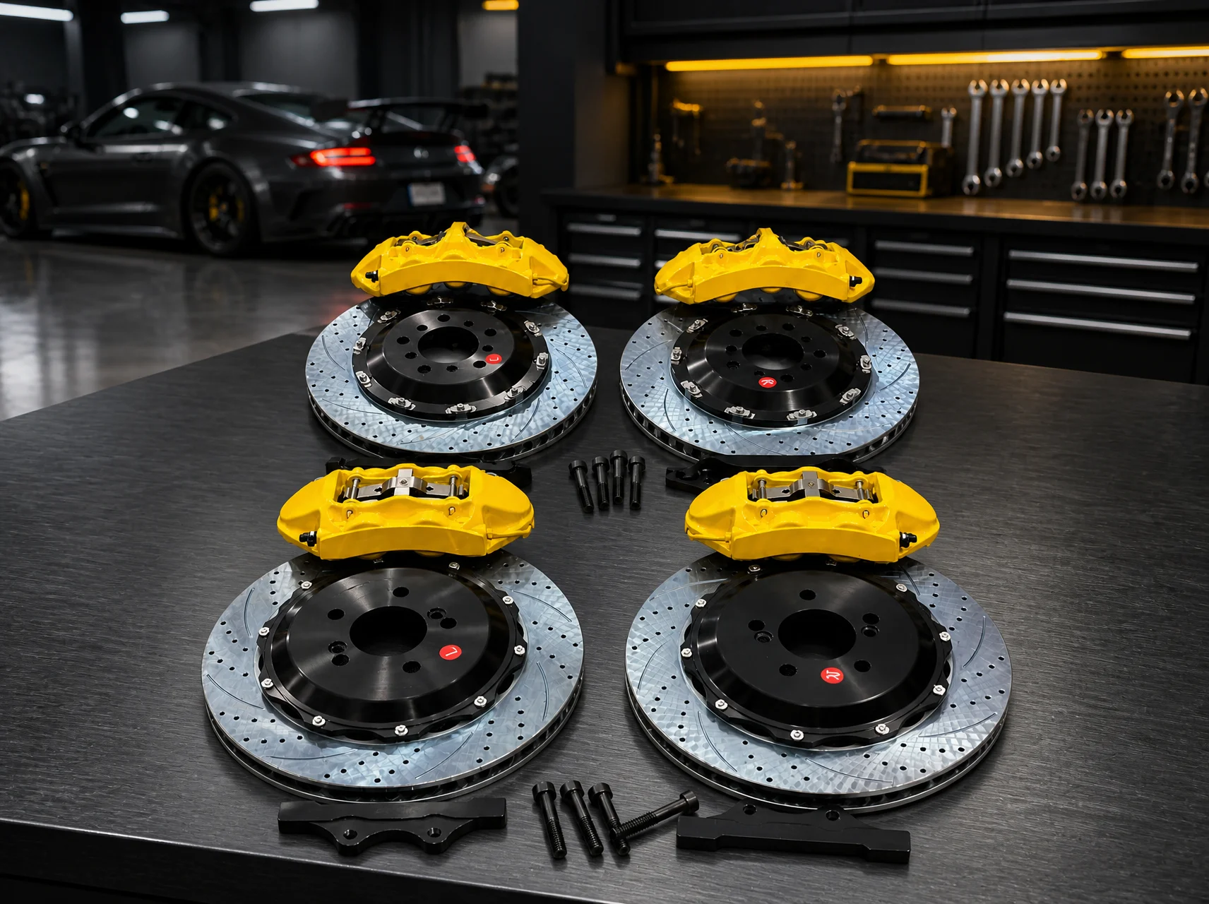 Big Brake Kit Two Piece Cross Drilled Slotted Rotors Yellow Multi Piston Calipers Brackets Bolts High Performance Auto Car Sale