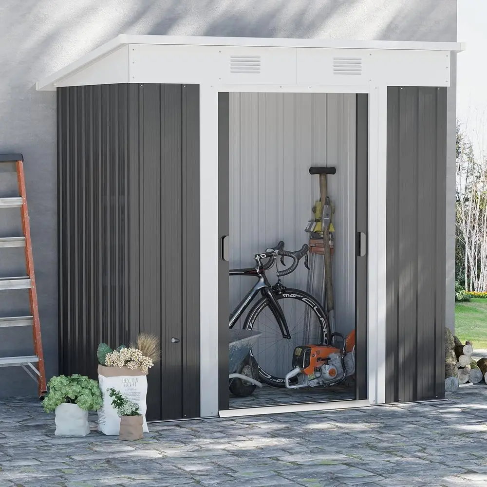 

6' x 4' Metal Lean-to Shed: Outdoor Storage, Garden Tool House with Double Sliding Door, Air Vents, Ideal for Backyard, Patio, L
