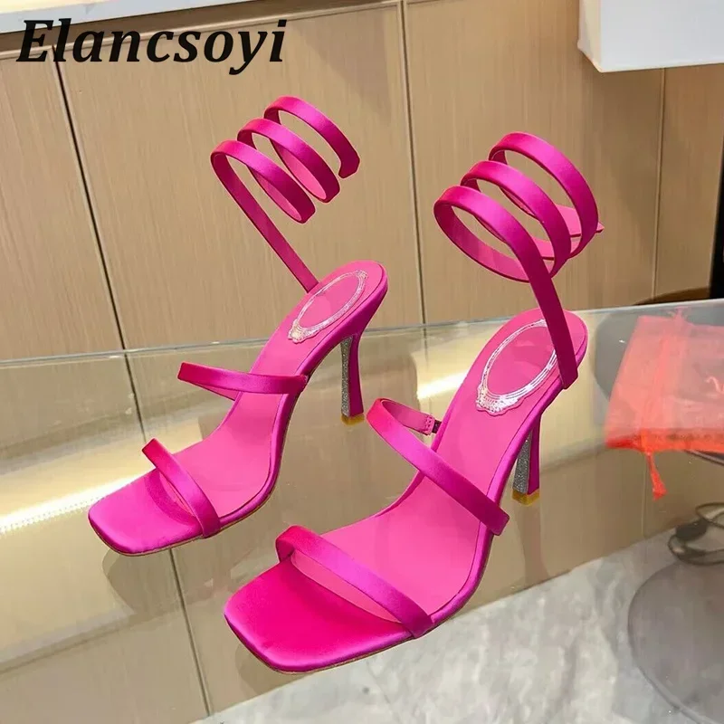 Sexy Thin Heels Gladiator Sandals Women Silk Satin Ankle Snake Shaped Winding Banquet Shoes Summer Open Toe Gladiator Sandalias