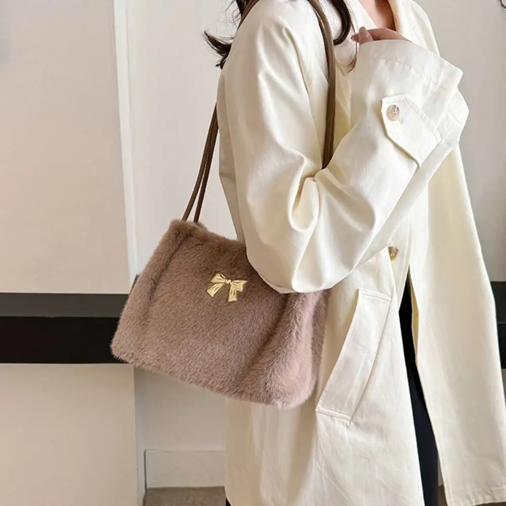 

Cream Color Plush Bow Shoulder Bag Korean Style Solid Color Vacation Tote Bag Large Capacity Office Worker Tote Shoulder Bag Men