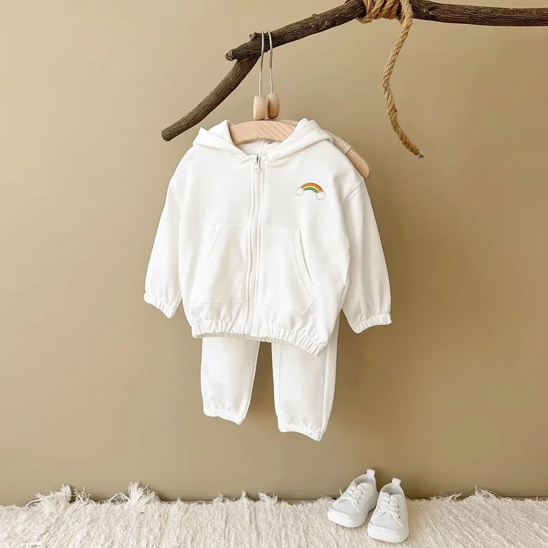 Newborn Baby Set Girls Boys Baby Sports Sweater Clothing Rainbow Embroidered Long Sleeves Hoodie+Pants Casual 2PCS